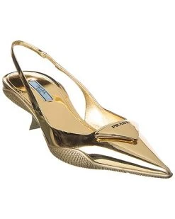 Prada Logo Leather Pointy-Toe Slingback Pump Women